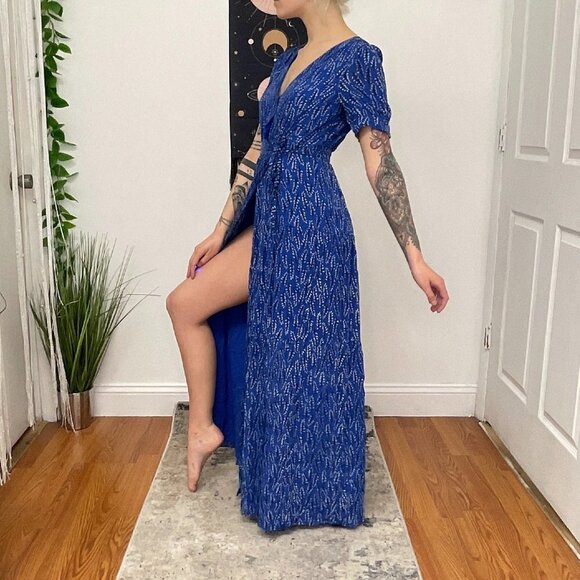 BA&SH Floral Wrap Short Sleeve Crepe Maxi Dress Tie-Waist Size S Blue - Picture 5 of 12